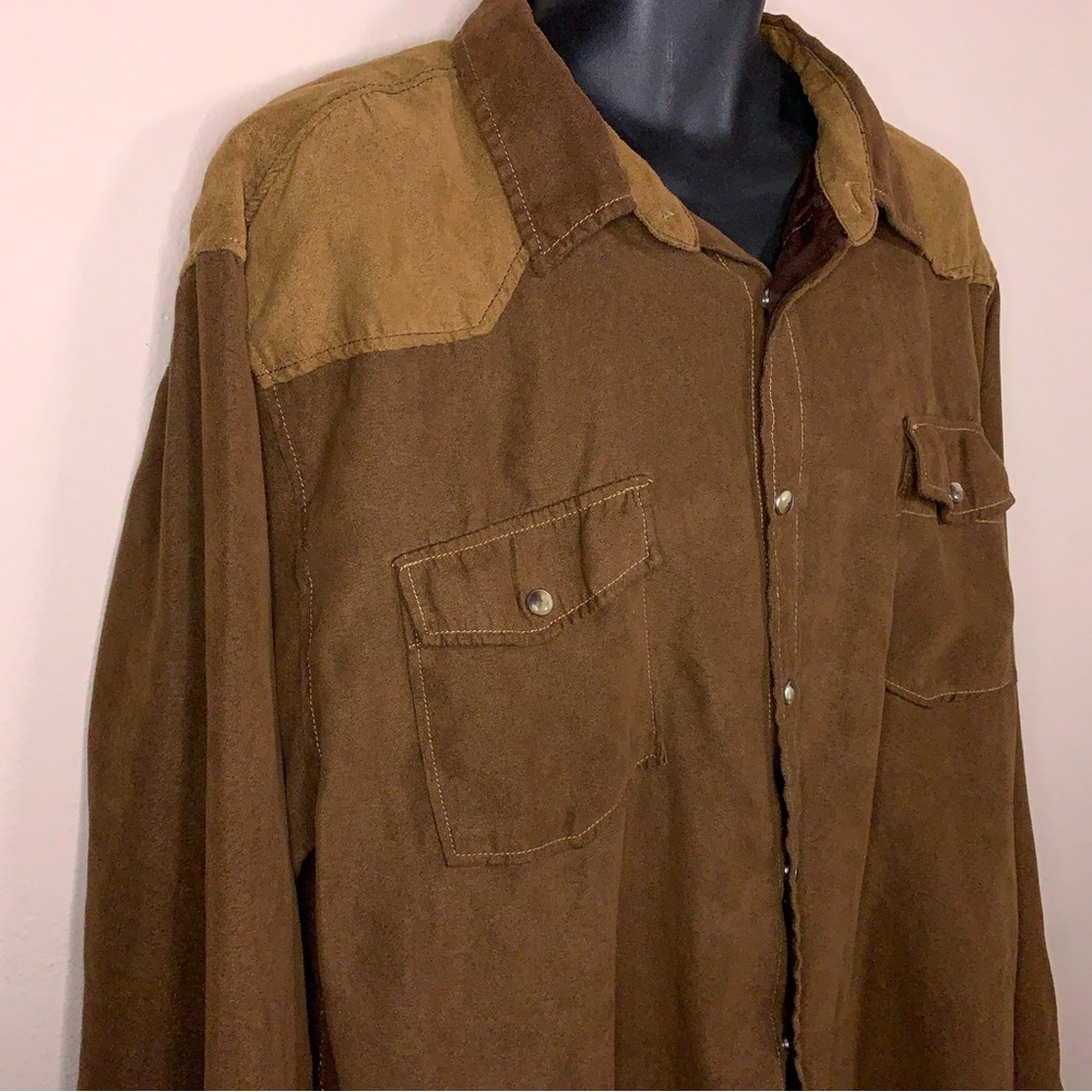 XXL Bit And Bridle Mens Western Shirt Brown Tan Faux Suede Snap Buttons Stretch - Picture 6 of 13
